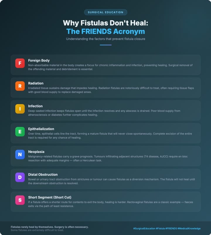 FRIENDS acronym infographic: seven reasons fistulas fail to heal — Dr. Kharde, Pune