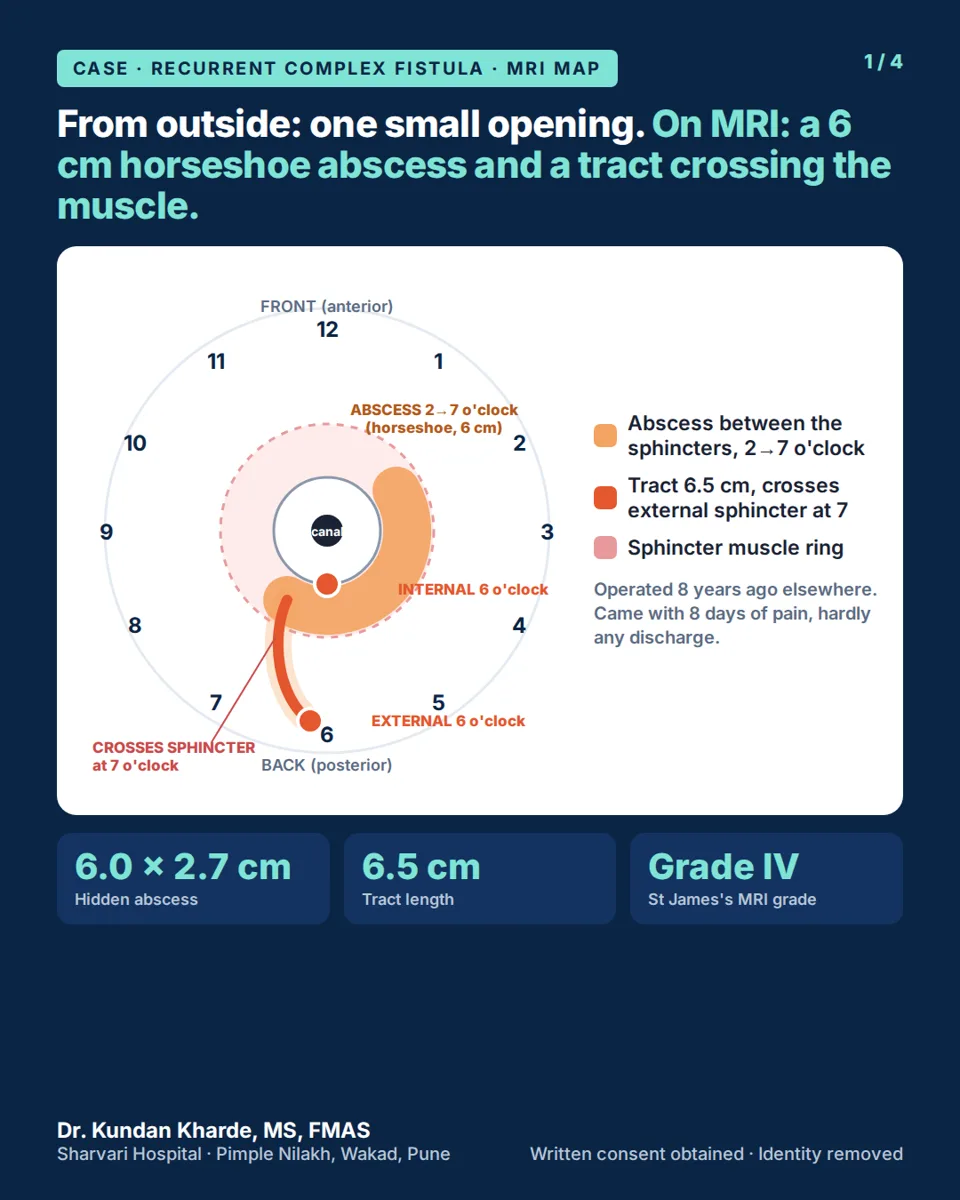 MRI fistulogram clock-face map of a recurrent grade IV anal fistula: horseshoe abscess behind the anal canal and a tract crossing the external sphincter, labeled by Dr. Kundan Kharde, Pune